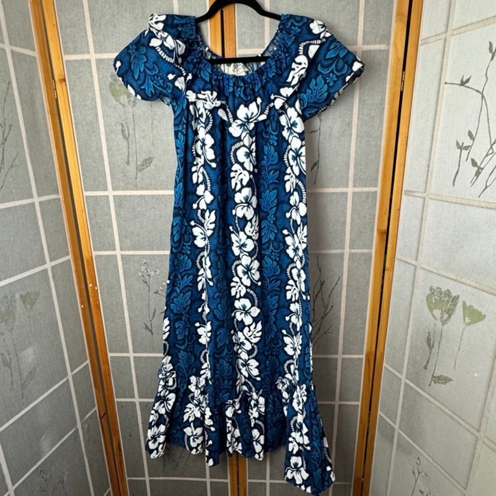 KY'S Made in Hawaii Blue White Hibiscus Floral Cotton Muumuu Maxi Dress Small